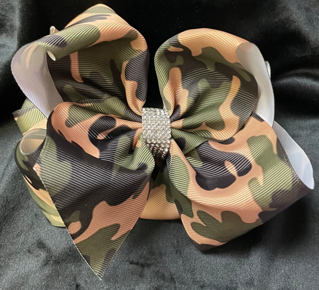 CAMO PRINT BOWS WITH RHINESTONE CENTER  (roughly 8”) - Lil Monkey Boutique