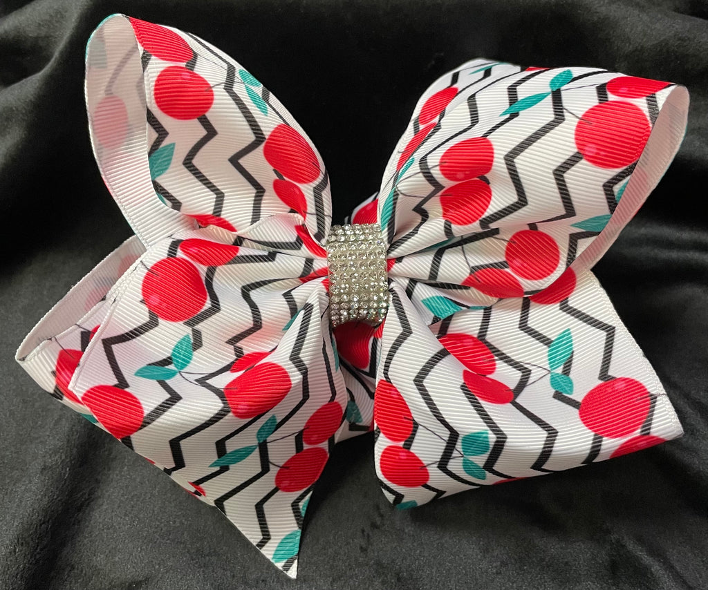 CHERRY PRINT BOWS WITH RHINESTONE CENTER (roughly 8”) - Lil Monkey Boutique