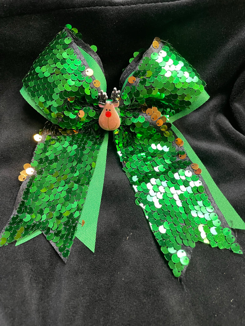 RUDOLPH GREEN SEQUIN BOW WITH TAILS - Lil Monkey Boutique