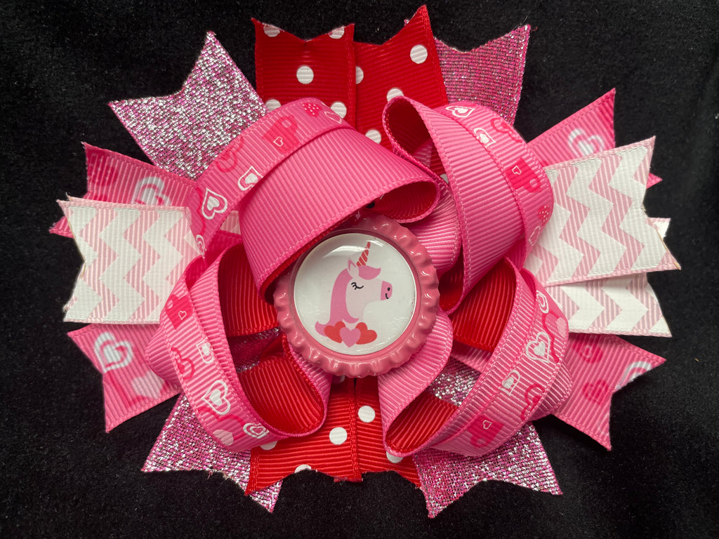 LAYERED MULTI COLOR AND VARIOUS STYLE RIBBONS BOW WITH UNICORN BOTTLE CAP CENTER (Roughly 5” in length) - Lil Monkey Boutique