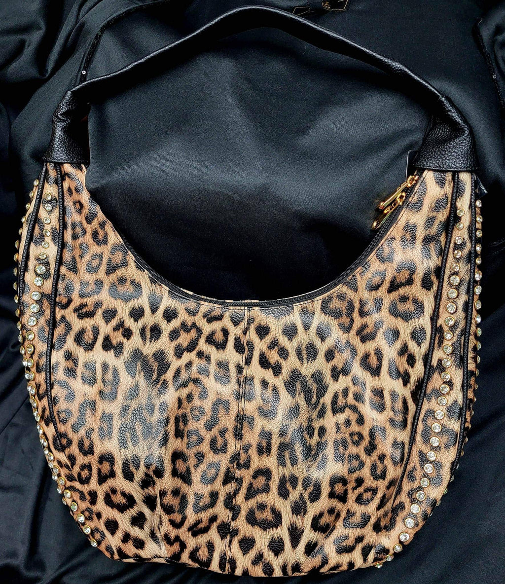 LARGE BEAUTIFUL LEOPARD PRINT HANDBAG WITH 4 ROWS OF BLING ON THE SIDES - Lil Monkey Boutique