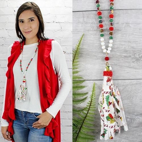 CHRISTMAS PRINT TASSEL BEADED NECKLACE - Lil Monkey Boutique