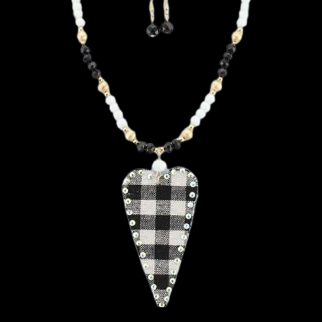 BUFFALO PLAID HEART WITH RHINESTONES NECKLACE SET - Lil Monkey Boutique
