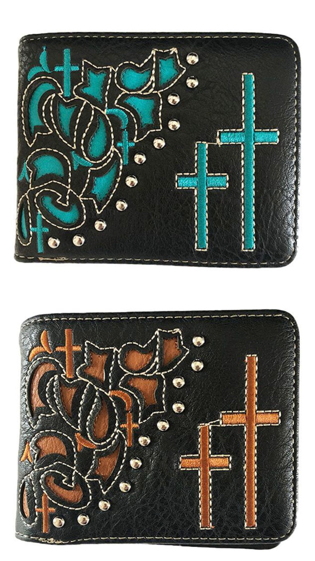 MENS WESTERN BIFOLD WALLET WITH EMBROIDERED CROSSES - Lil Monkey Boutique