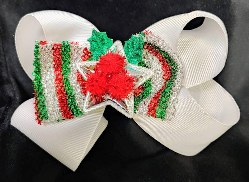 DOUBLE LAYER STRIPED CHRISTMAS BOW WITH STAR & POM POM CENTER (ROUGHLY 5 1/2") - Lil Monkey Boutique