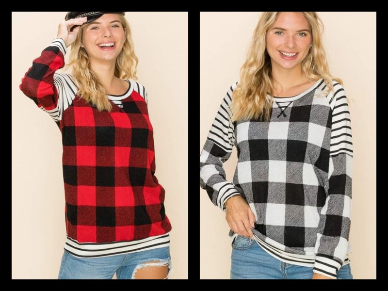 LONG SLEEVE BUFFALO PLAID WITH STRIPES SWEATER - Lil Monkey Boutique