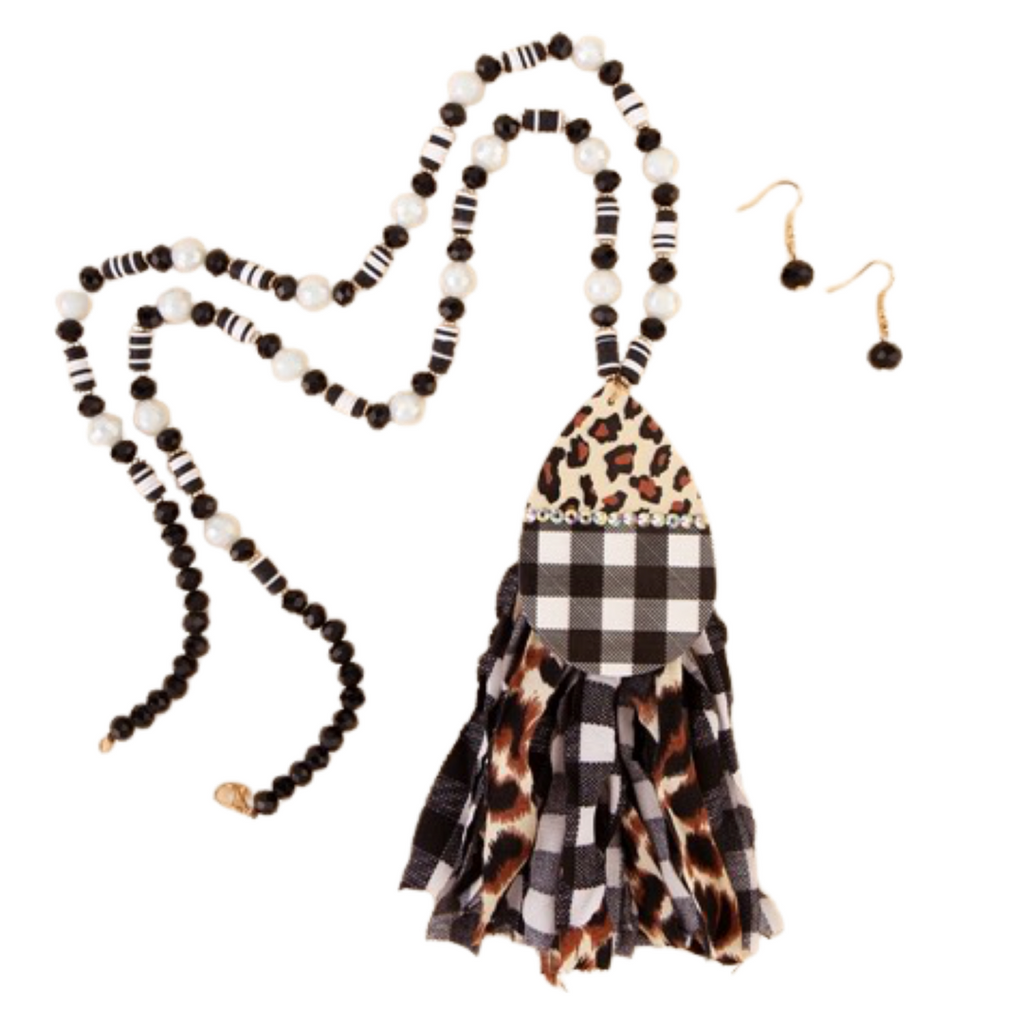 BLACK & WHITE BEADED NECKLACE WITH WHITE BUFFALO PLAID & LEOPARD TASSEL NECKLACE - Lil Monkey Boutique
