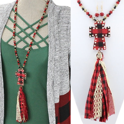 BUFFALO PLAID NECKLACE WITH BLING CROSS & FABRIC TASSEL - Lil Monkey Boutique