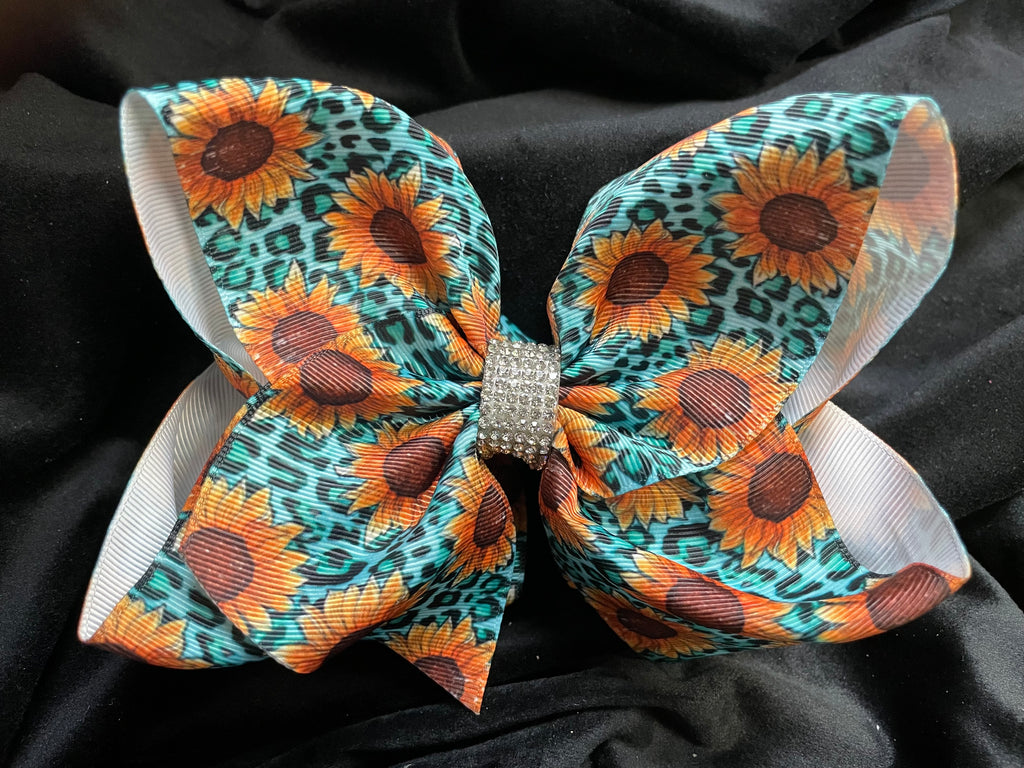 SUNFLOWER DOUBLE LAYER BOW WITH RHINESTONE CENTER (roughly 8”) - Lil Monkey Boutique