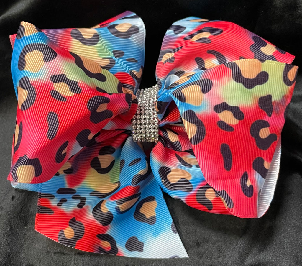 BLUE RED LEOPARD PRINT BOWS WITH RHINESTONE CENTER (roughly 8”) - Lil Monkey Boutique