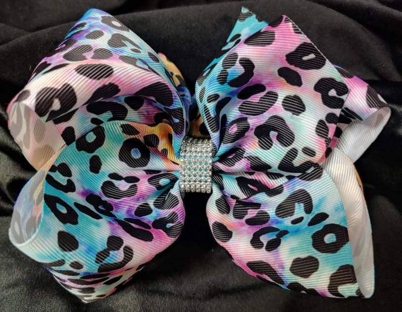 MULTI COLOR LEOPARD PRINT DOUBLE LAYER BOW WITH RHINESTONE CENTER (roughly 8”) - Lil Monkey Boutique