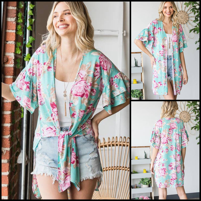 RUFFLED SLEEVE FLORAL OPEN CARDIGAN WITH SIDE SLIT AND SELF TIE DETAIL - Lil Monkey Boutique