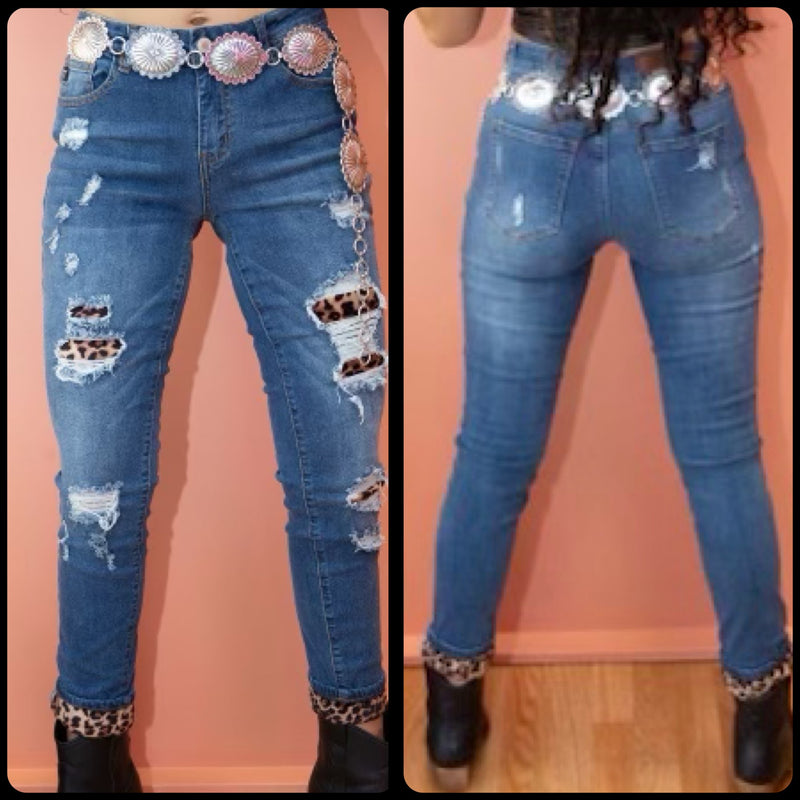 MID RISE SKINNY JEANS W LEOPARD PATCHES - Lil Monkey Boutique