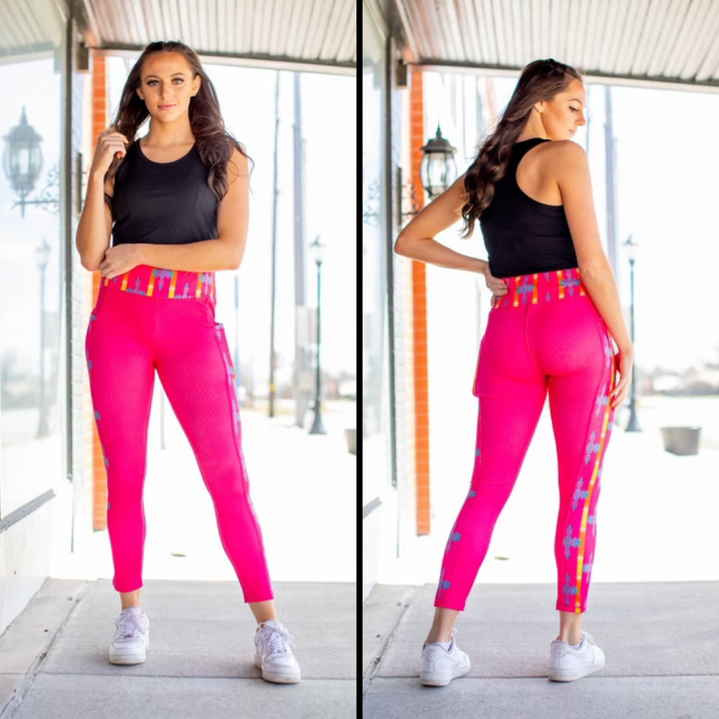 NEON PINK AND GOLD AZTEC LOUNGE LEGGINGS WITH PHONE POCKETS - Lil Monkey Boutique