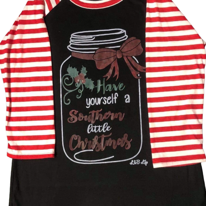 HAVE YOURSELF A SOUTHERN LITTLE CHRISTMAS WITH CANDY CANE SLEEVE RAGLAN SHIRT - Lil Monkey Boutique