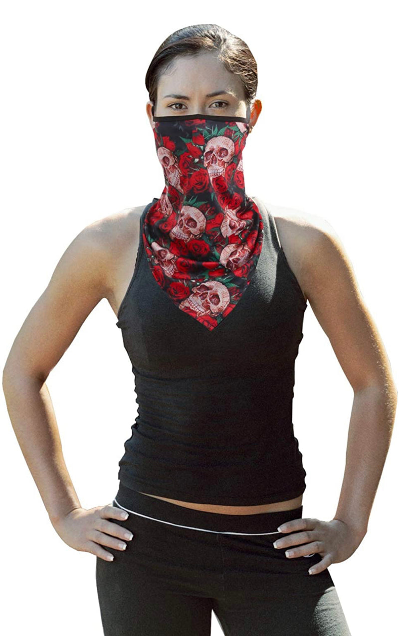 SKULL AND ROSES NECK GAITERS WITH EAR LOOPS THAT YOU CAN USE, OR WEAR WITHOUT USING - Lil Monkey Boutique