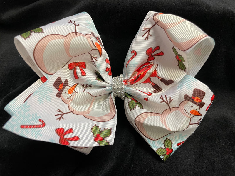 SNOWMAN SANTA PRINT CHRISTMAS BOW WITH RHINESTONE CENTER (ROUGHLY 7") - Lil Monkey Boutique