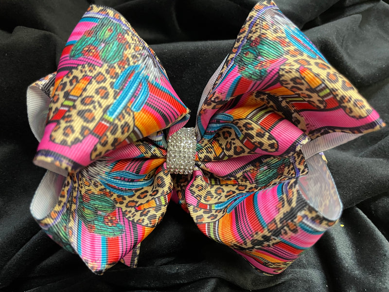 CACTUS SERAPE & LEOPARD PRINT DOUBLE LAYER BOW WITH RHINESTONE CENTER (roughly 8”) - Lil Monkey Boutique