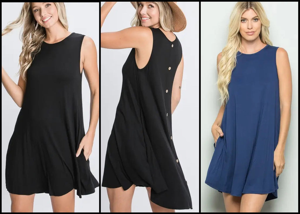 SLEEVELESS ROUND NECK SOLID DRESS WITH BUTTON BACK AND SIDE POCKET DETAIL - Lil Monkey Boutique