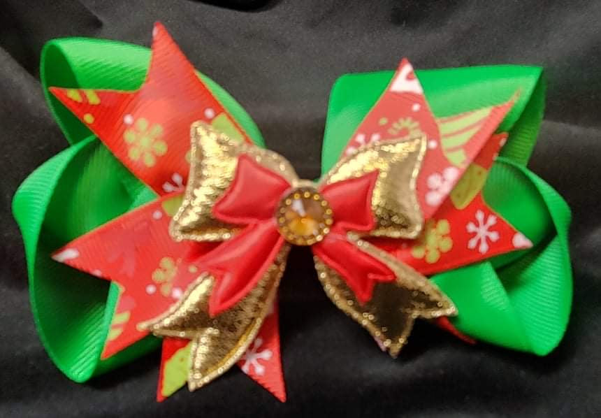 DOUBLE LAYER CHRISTMAS PRINT BOW CENTER WITH GEM (ROUGHLY 5 1/2") - Lil Monkey Boutique