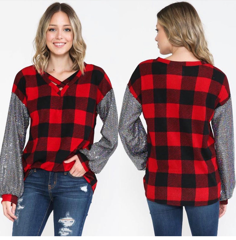 BUFFALO PLAID BLOUSE WITH BLING SLEEVES - Lil Monkey Boutique