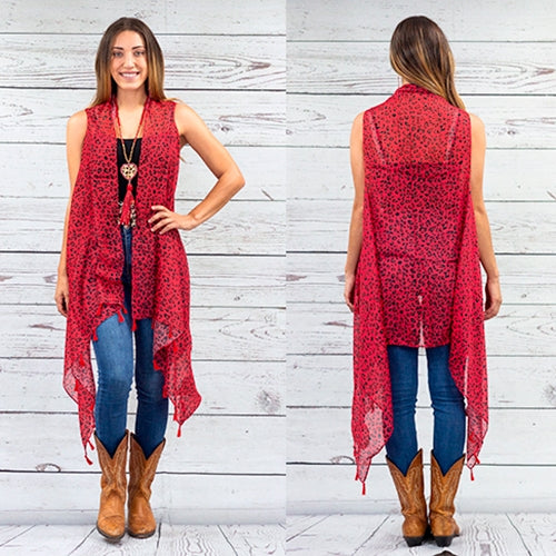 RED, PINK, OR BROWN LEOPARD LONG KIMONO WITH TASSELS - Lil Monkey Boutique