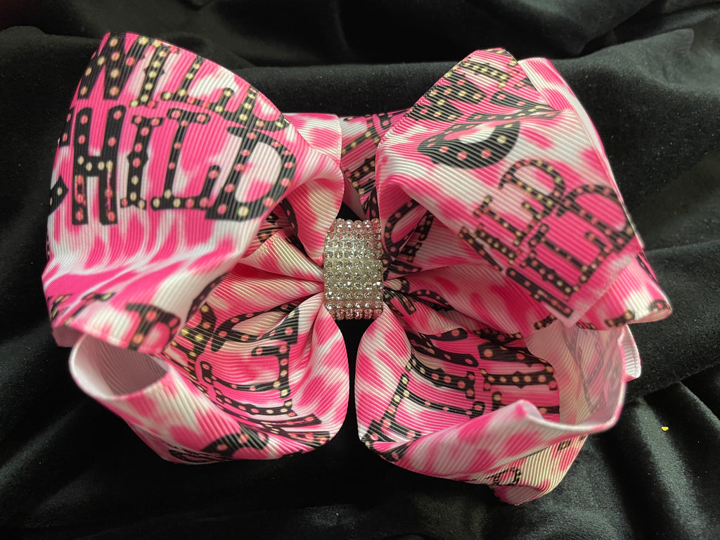 WILD CHILD PRINT DOUBLE LAYER BOW WITH RHINESTONE CENTER (roughly 8”) - Lil Monkey Boutique