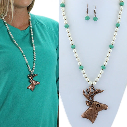 WHITE & TURQUOISE BEADED NECKLACE WITH DEER PENDANT - Lil Monkey Boutique