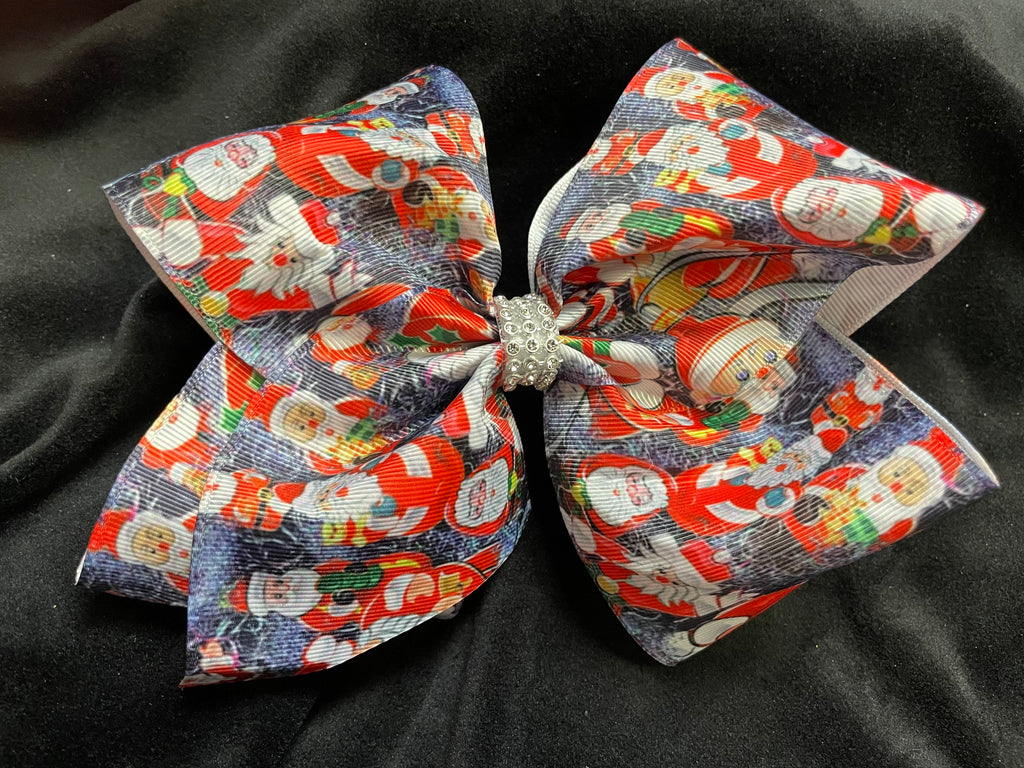 SANTA PRINT CHRISTMAS BOW WITH RHINESTONE CENTER (ROUGHLY 7") - Lil Monkey Boutique