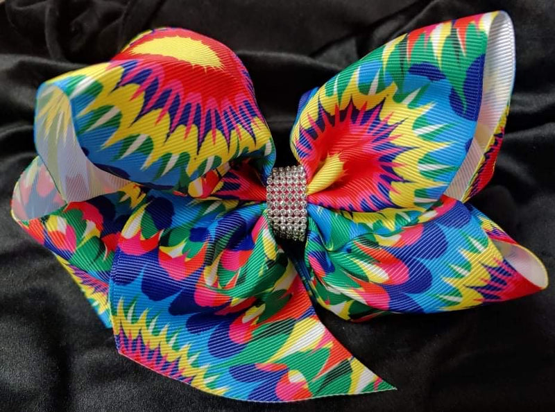 MULTI COLOR BURST PRINT DOUBLE LAYER BOW WITH RHINESTONE CENTER (roughly 8”) - Lil Monkey Boutique