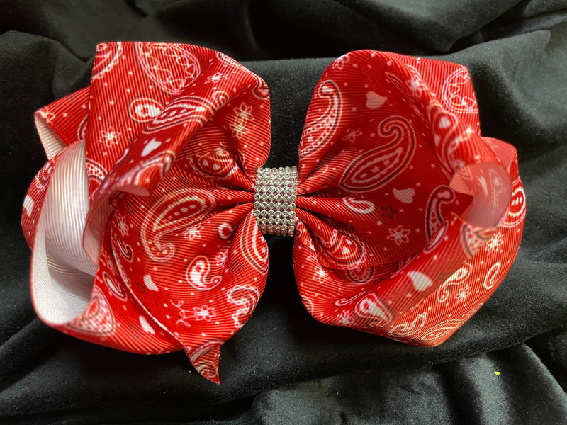 RED BANDANA PRINT DOUBLE LAYER BOW WITH RHINESTONE CENTER (roughly 8”) - Lil Monkey Boutique