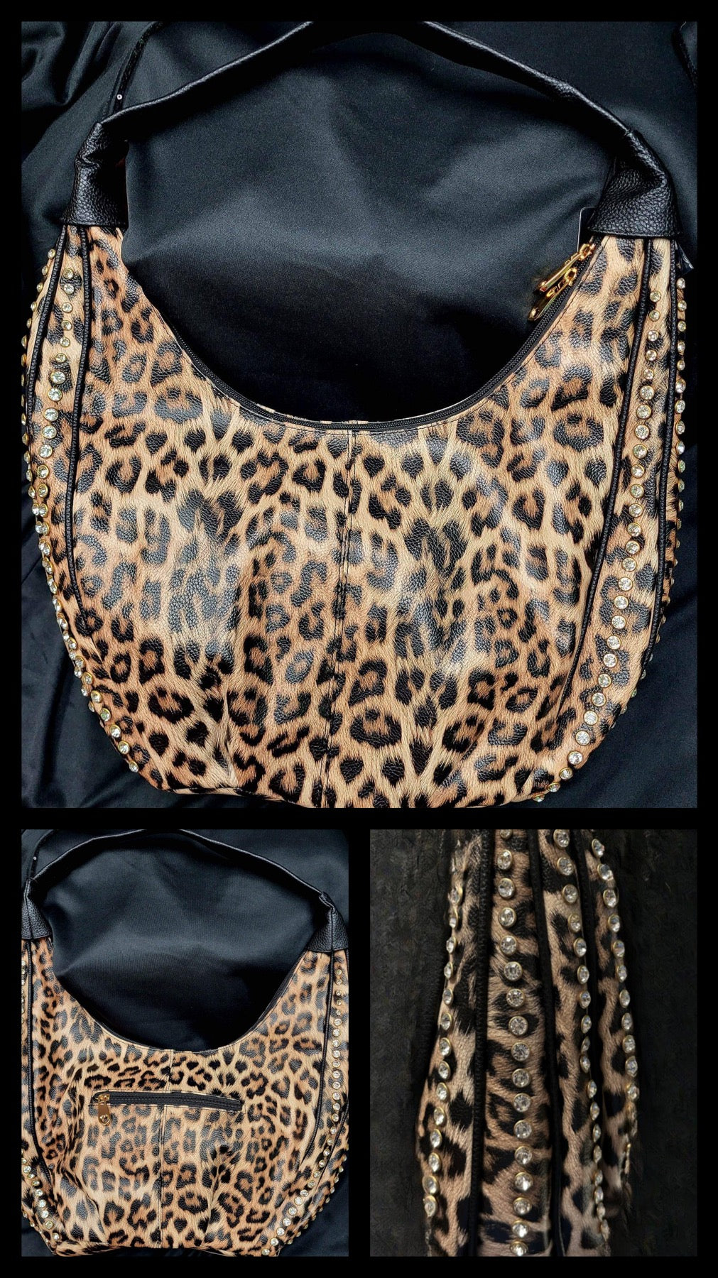 LARGE BEAUTIFUL LEOPARD PRINT HANDBAG WITH 4 ROWS OF BLING ON THE SIDES - Lil Monkey Boutique