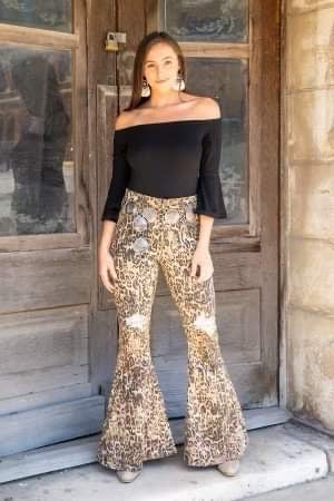 BROWN LEOPARD WITH ROSE GOLD SEQUIN KNEE PATCH FLARE JEANS - Lil Monkey Boutique