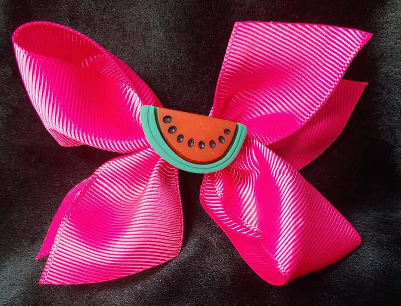 CHERRIES PINEAPPLE STRAWBERRY WATERMELON CARROTS OR AVACADO CENTER SOLID COLOR BOWS (ROUGHLY 4") - Lil Monkey Boutique