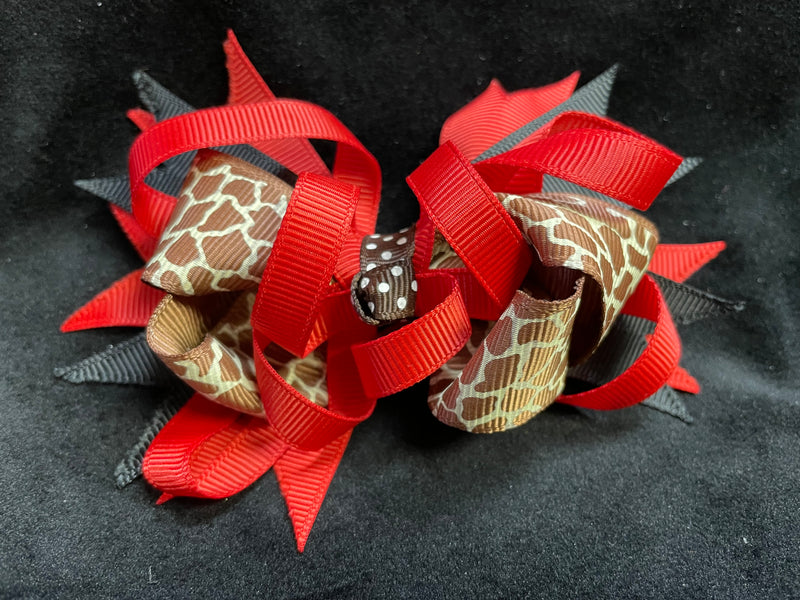 BLACK RED & BROWN GIRAFFE PRINT BOW (roughly 5in) - Lil Monkey Boutique