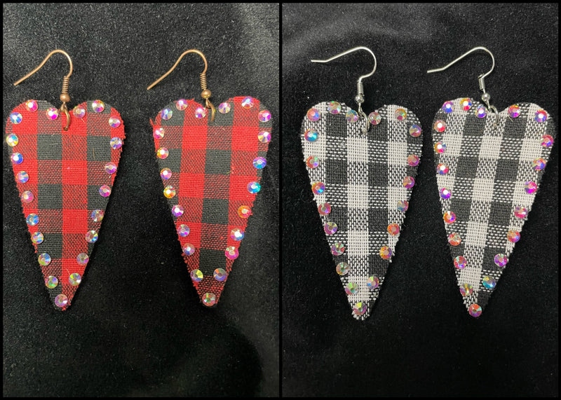 Red or White Buffalo Plaid Bling Heart Earrings - Lil Monkey Boutique