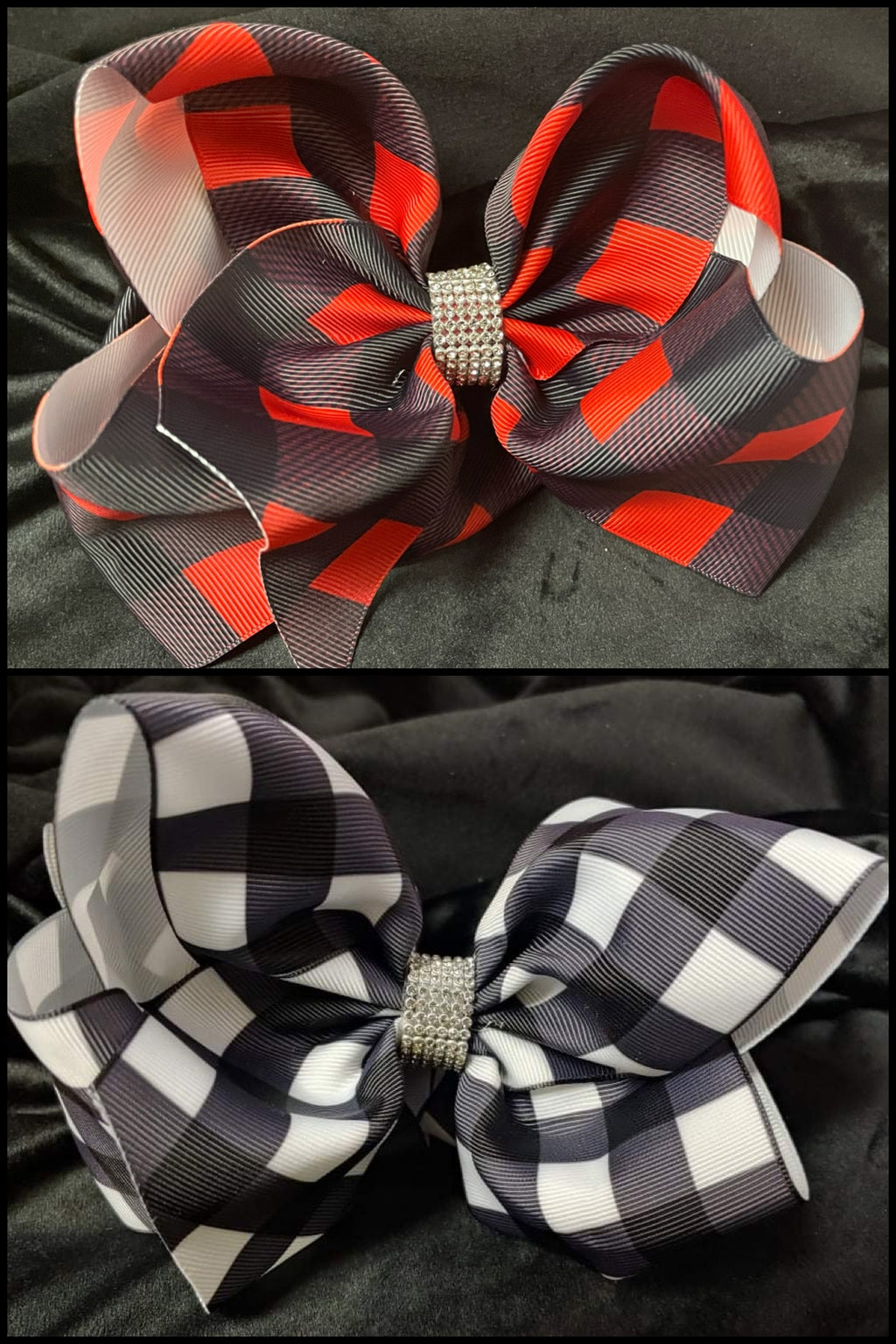 Large double tartan bow in beige and black with rhinestone on a