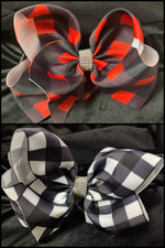 RED OR WHITE BUFFALO PLAID PRINT DOUBLE LAYER BOW WITH RHINESTONE CENTER (roughly 8”) - Lil Monkey Boutique