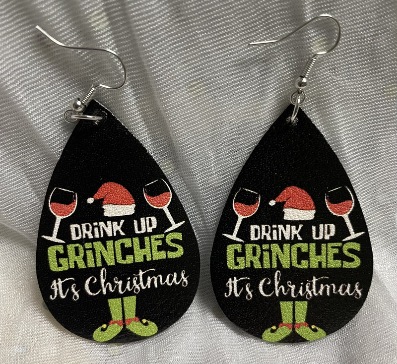 DRINK UP IT'S CHRISTMAS FAUX LEATHER TEARDROP EARRINGS (PRINTED ON BOTH SIDES) - Lil Monkey Boutique