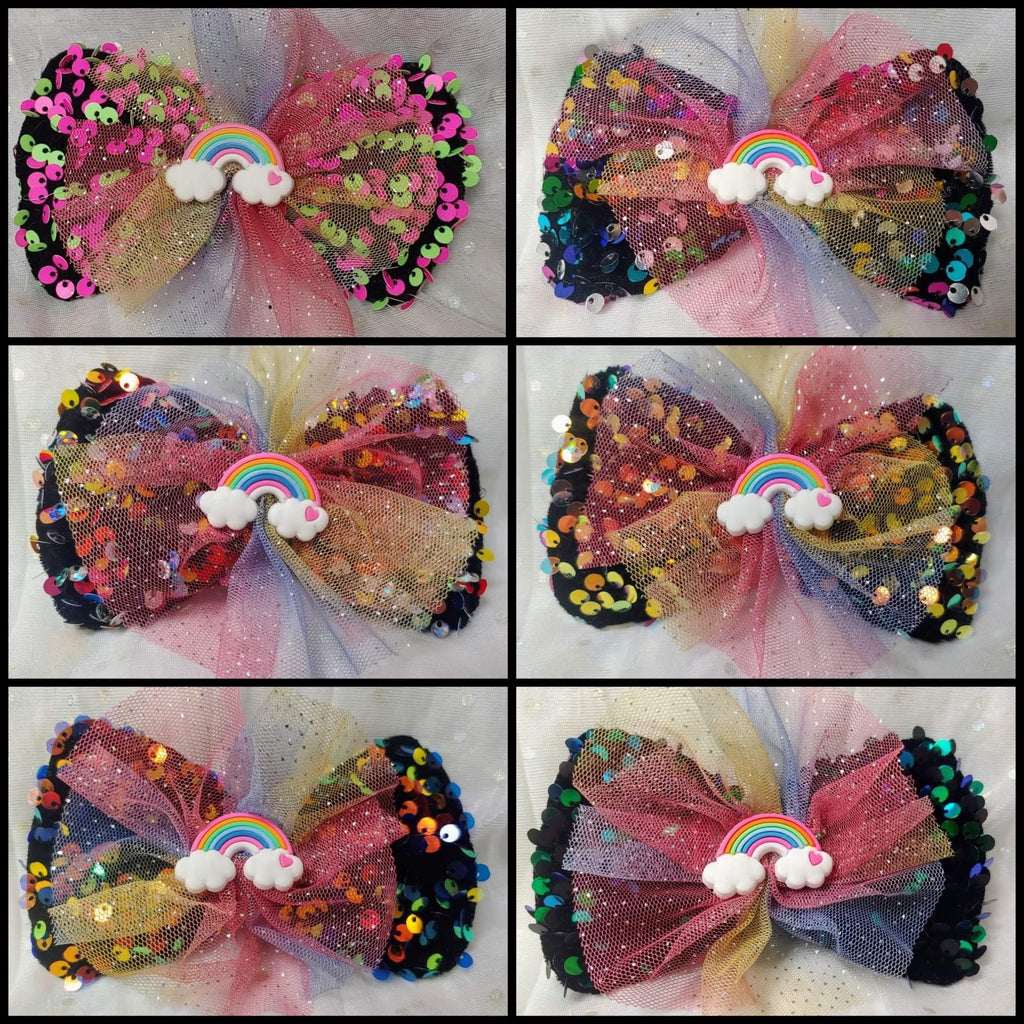 SEQUIN WITH TULLE LAYER BOWS WITH RAINBOW CENTER (FOAM LIKE MATERIAL) - Lil Monkey Boutique