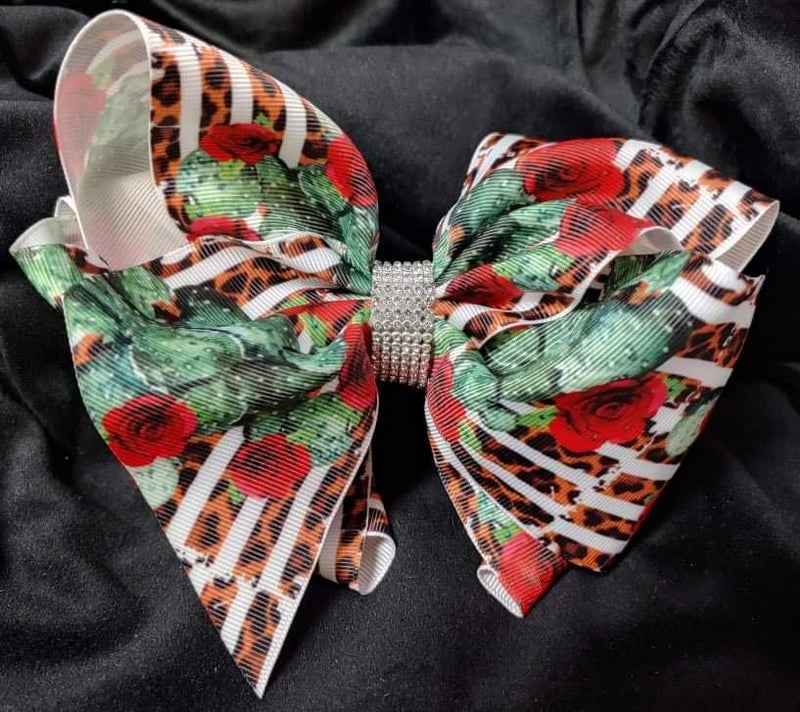 FLORAL PRINT DOUBLE LAYER BOW WITH RHINESTONE CENTER (ROUGHLY 8”) - Lil Monkey Boutique