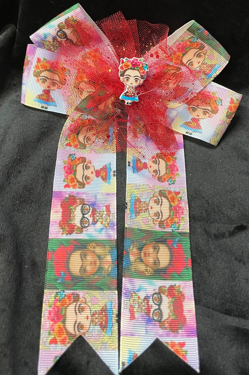 LARGE FRIDA CENTER AND PRINT BOWS WITH TAILS (ROUGHLY 8”) - Lil Monkey Boutique