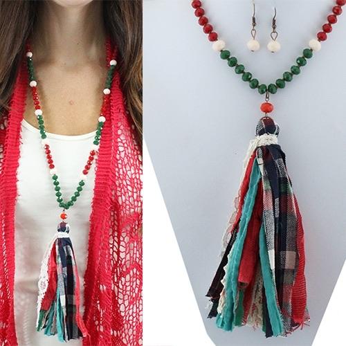 CHRISTMAS PLAID PRINT WITH LACE IN TASSEL BEADED NECKLACE - Lil Monkey Boutique