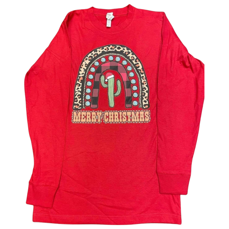 CHRISTMAS CACTUS MERRY CHRISTMAS LONG SLEEVE RED BLOUSE - Lil Monkey Boutique