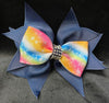 RHINESTONE CENTER BOW WITH MULTI COLOR BOW IN FRONT OF SOLID COLOR BOW (APPROX 4”) - Lil Monkey Boutique
