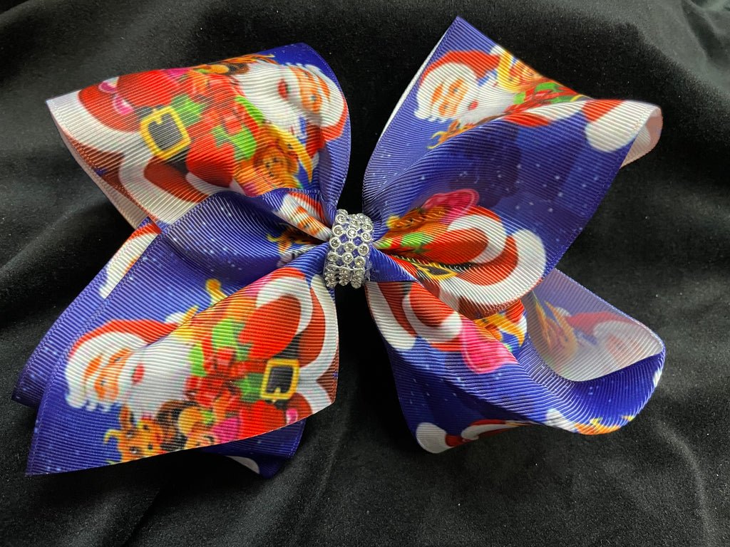 SANTA PRINT CHRISTMAS BOW WITH RHINESTONE CENTER (ROUGHLY 7") - Lil Monkey Boutique