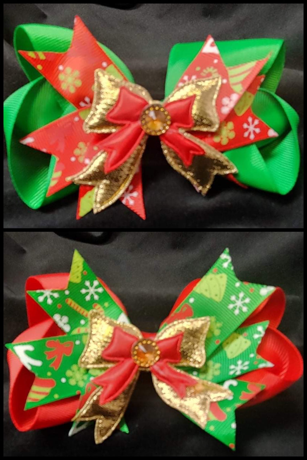DOUBLE LAYER CHRISTMAS PRINT BOW CENTER WITH GEM (ROUGHLY 5 1/2") - Lil Monkey Boutique