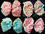 DOUBLE LAYER BOW WITH BLING CENTER AND POLKA DOTS  (ROUGHLY 6in) - Lil Monkey Boutique
