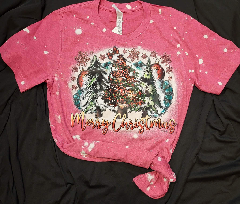 CUSTOM MERRY CHRISTMAS WITH 3 TREES ON BLEACHED SHORT SLEEVE SHIRT - Lil Monkey Boutique