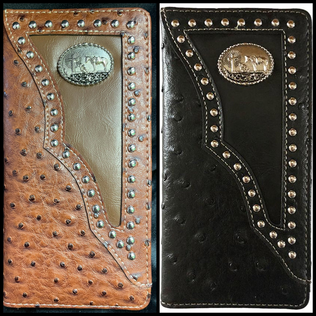 MENS WESTERN WALLET WITH CROSS COWBOY AND HORSE CONCHO OR UNISEX CHECK BOOK WALLET - Lil Monkey Boutique